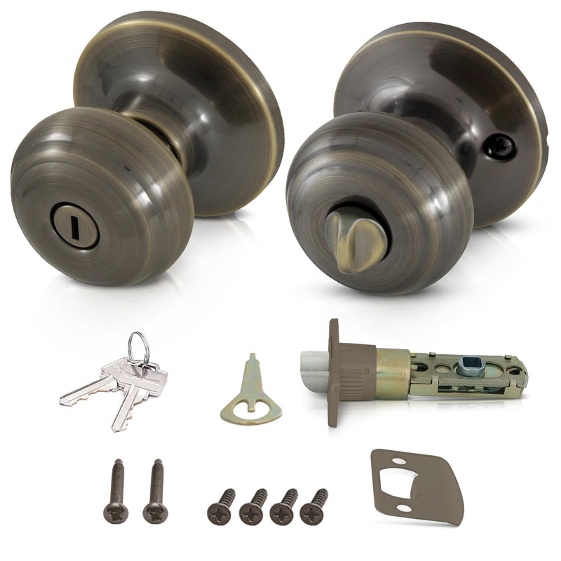 Honeywell Safes & Door Locks - Bedroom Door Knob with Lock and Key - Locking Interior Door Knobs Ideal for Closet, Room & Bathroom Requires Privacy - 5.25"L x 2.75"W Inches - Antique Brass - 8101102