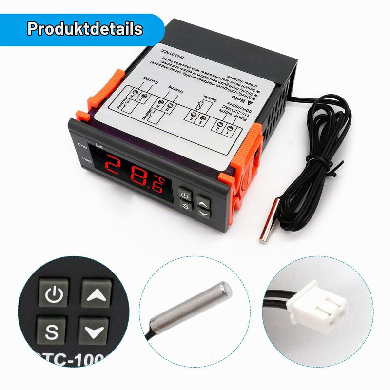 RUIZHI Digital Temperature Controller DC 110-220V 10A Digital Thermostat with Temperature Sensor Probe for Aquarium