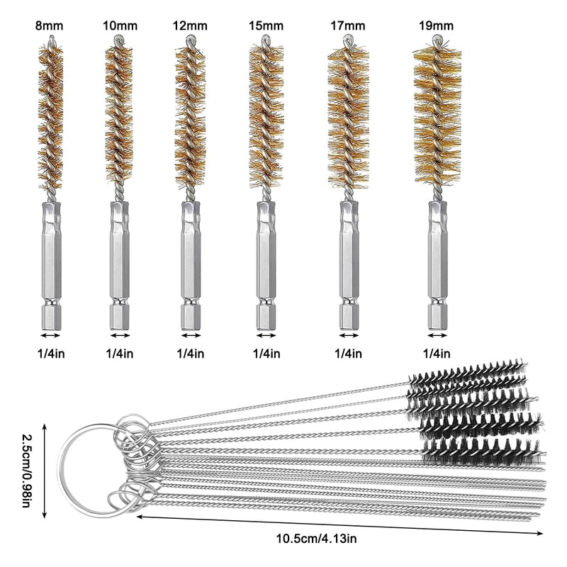 [Australia - AusPower] - 6 Pieces Brass Drilling Brushes in Different Sizes + 15 Pieces Cleaning Needles Nylon Brush Tools, Twisted Wire Brush with Handle, 1/4 Inch Hex Shank Attachment Drill Set for Pipes 