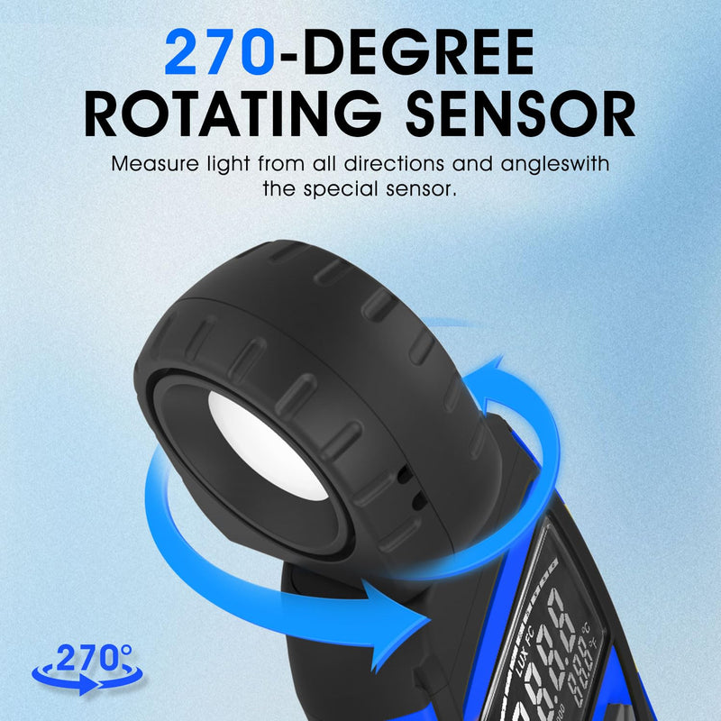 [Australia - AusPower] - Illuminance Light Meter, Digital Lux Foot Candles Meter 0.1~400,000 Lux (0.1~40,000 FC) with 270º Rotatable Detector, Lumen Meter Luxmeter for Indoor Outdoor（Blue） 