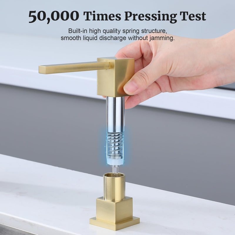 Sink Soap Dispenser for Kitchen Sink (Brushed Gold), All Brass Built-in and Refill from Top Design,Metal Hand Soap & Dish Soap Copper Pump Gold Brushed