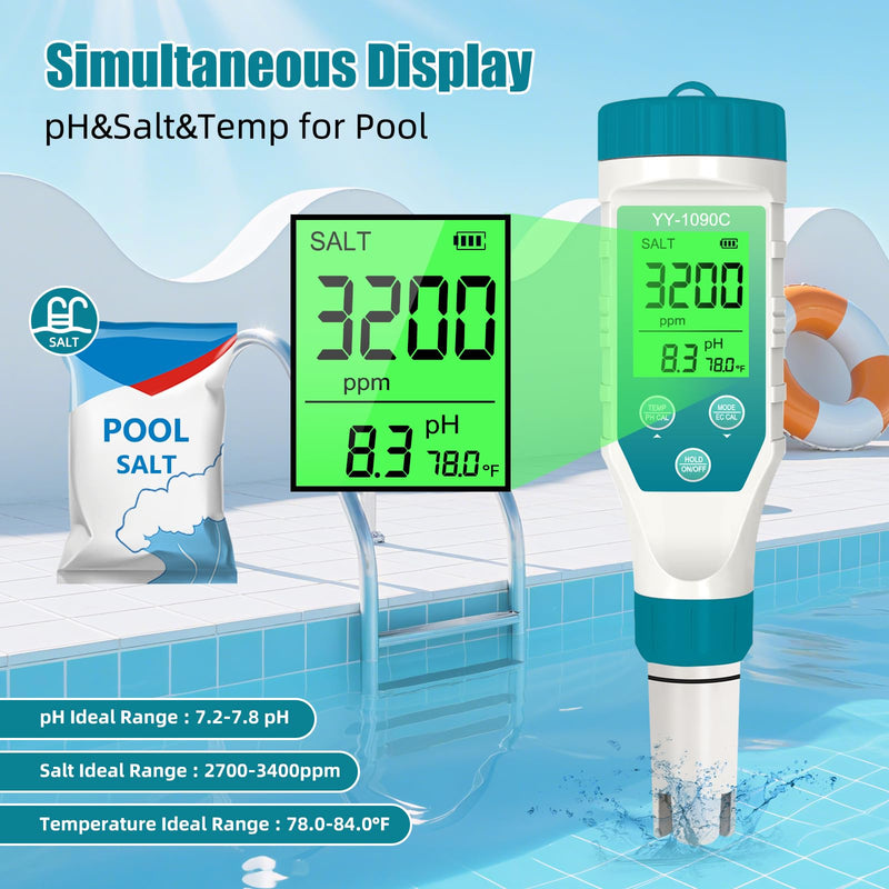 [Australia - AusPower] - 5-in-1 Digital Pool Water Tester, Salinity & pH Meter with 12.88mS Calibration Solution – Saltwater Pool & Spa Monitor, TDS EC Temp Tester for Hot Tubs, Aquariums, Hydroponics 