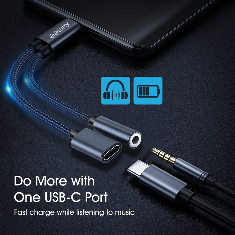 [Australia - AusPower] - Xumee USB Type C to 3.5mm Headphone and Charger Adapter, 2-in-1 USB C to Aux Audio Jack Hi-Res DAC and Fast Charging Dongle Cable Compatible with iPhone 15 Pro Max,Galaxy S24 S23 Ultra S22 S21 (Grey) Grey 