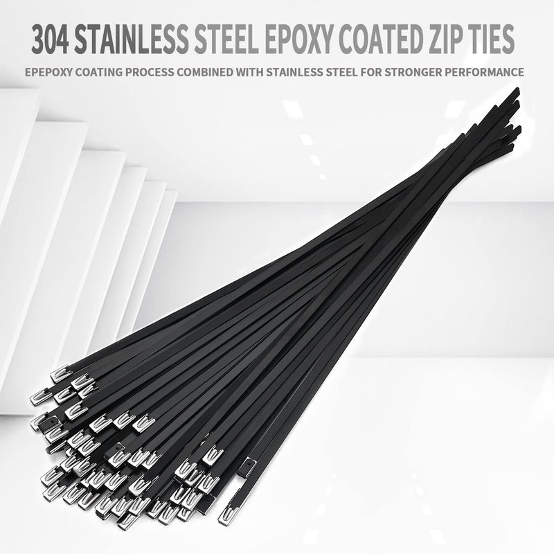 [Australia - AusPower] - Metal Zip Ties black 100pcs 11.8 inch 304Stainless steel Epoxy Coated Cable Tie Multi-purpose Self-locking Cable Ties used for machinery, vehicles, farms, cables, pipesas well as Outdoor binding 