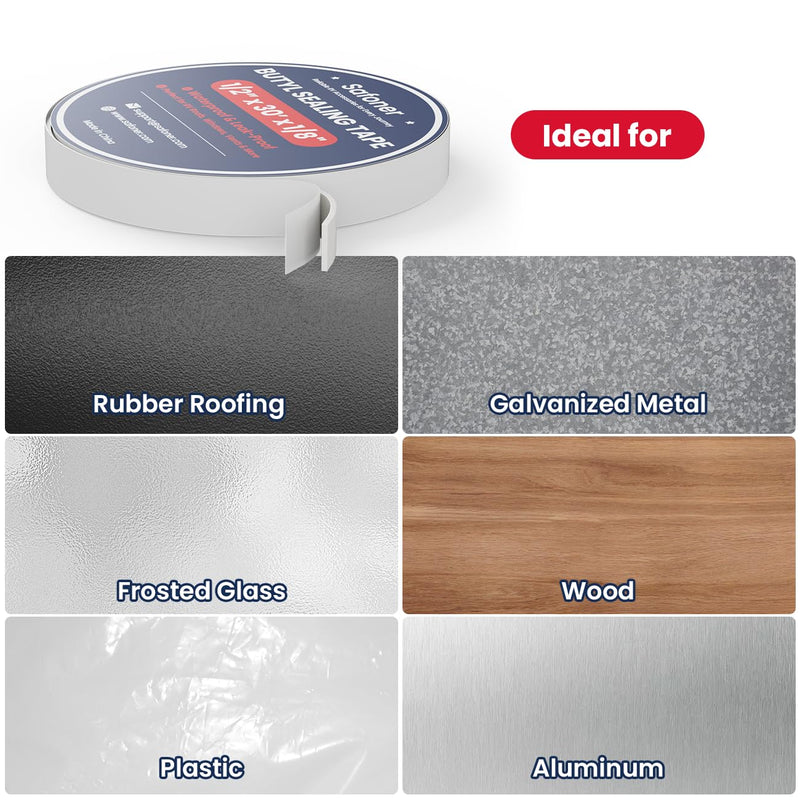 Safoner White Double Sided Butyl Seal Tape– 1/2" Widthx 30' Lengthx 1/8" Thickness– Leak-Proof and Waterproof Sealant for RV Roof Repair, Windows, Vents, and Pipes