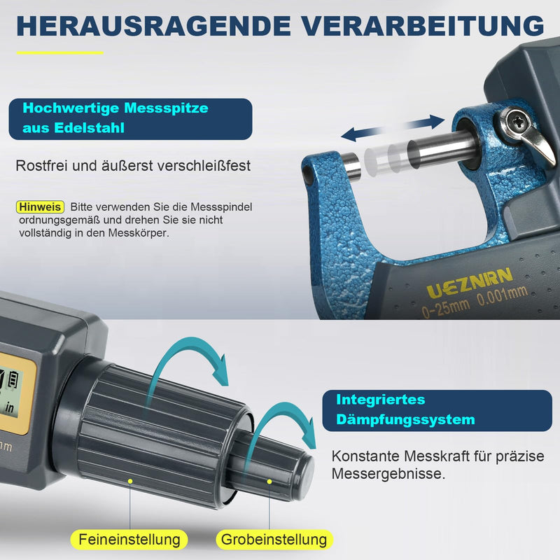 Ueznirn Outside Micrometer Digital 0-25 mm 0.001 mm/0.00003 Inches | High precision micrometer digital micrometer, LCD micrometer digital micrometer with wall thickness attachment
