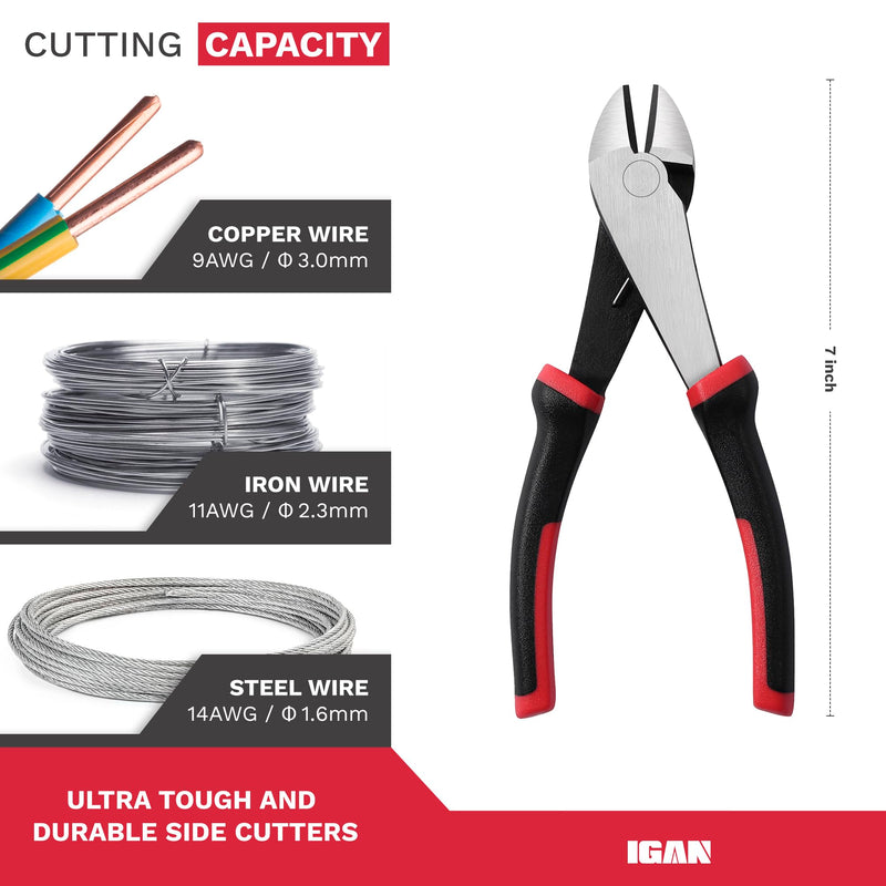 [Australia - AusPower] - IGAN 7-inch Wire Cutters, Spring-loaded Side Cutters Dikes, Ultra Tough and Durable Diagonal Cutting Pliers in CRV Steel, Heavy Duty Cutting Pliers for Electrical, Artificial Flowers and Homes 7''x1 