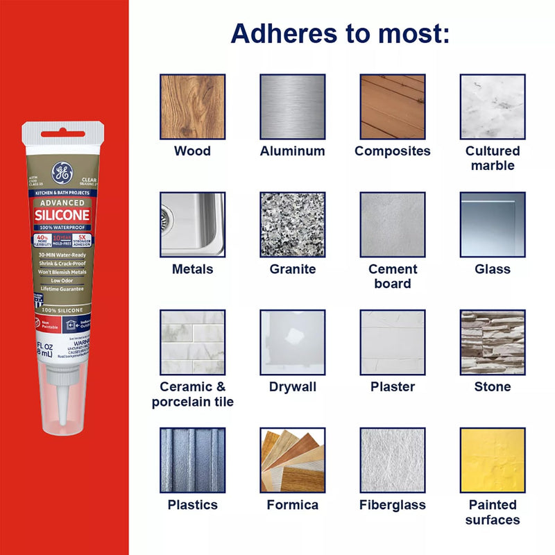 [Australia - AusPower] - GE Advanced Silicone Caulk for Kitchen & Bathroom - 100% Waterproof Silicone Sealant, 5X Stronger Adhesion, Shrink & Crack Proof - 2.8 fl oz Tube, Clear, 1 Pack Pack of 1 