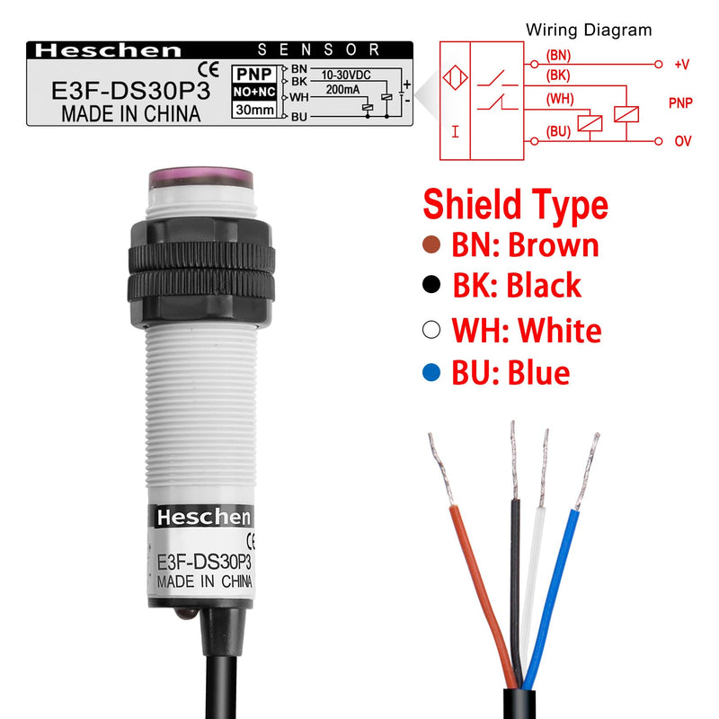 [Australia - AusPower] - Heschen M18 Column Infrared Photoelectric Proximity Switch, Diffuse Reflection Type, E3F-DS30P3, Detection Distance 10-30CM, 10-30VDC 200mA, PNP NO+NC, 4 Wire 