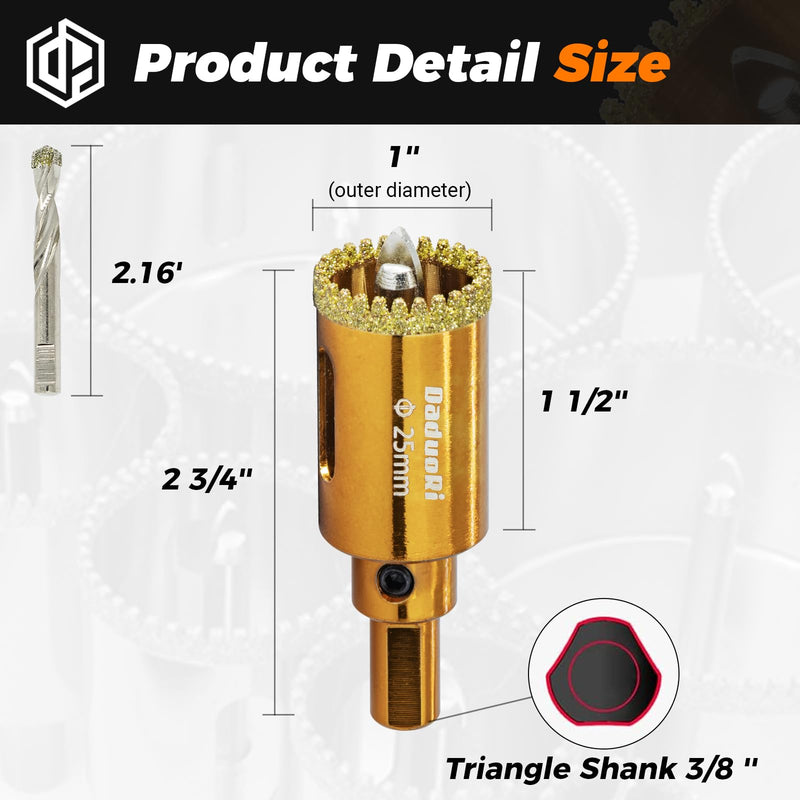 [Australia - AusPower] - 1" Serrated Diamond Hole Saw with 2Pcs Removable Pilot Bits, Easy-Align for Precise Drilling in Porcelain, Ceramic Tile, Granite, and Marble (1 inch Granite Drill Bit) 25mm | 1" 