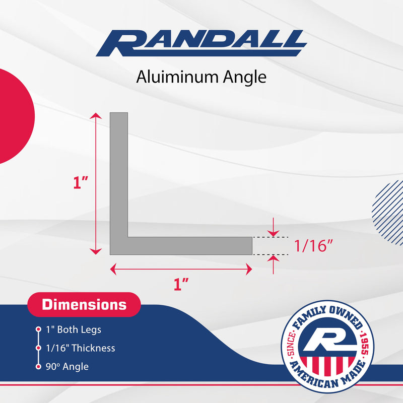 48" Long x 1" Wide x 1/16" Thick Aluminum Angle 6063 Alloy T-6 Temper