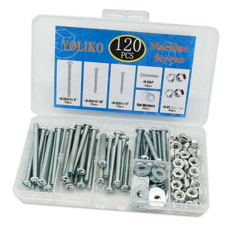 [Australia - AusPower] - 120 Pcs Machine Screws 8/32 Knob/Pull Screws Bolt Nut Flat Washers Assortment Kit Carbon Steel Zinc-Plated Phillips Used for Industrial and Construction Fasteners 4 Sizes Length #8-32x1"to#8-32x1-3/4" 120 Pcs Machine Screw Kit 