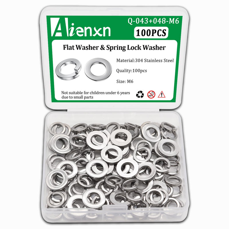 [Australia - AusPower] - 100PCS M6 Flat Washer and Spring Lock Washers, 50PCS Spring Lock Washers and 50PCS Flat Washers, 304 Stainless Flat Washers for Screws, M6 Washers for Bolts, Lock Washer Set M6 (100PCS) 