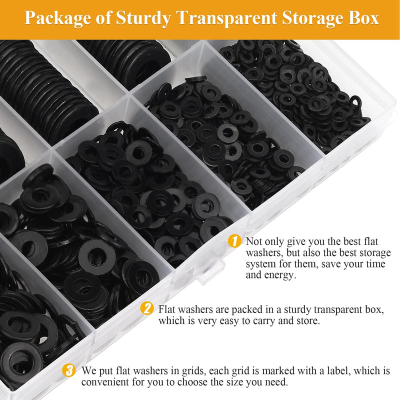 [Australia - AusPower] - 1000 Pieces 9 Sizes Black Zinc Plated Steel Flat Washers for Screws Bolts, Black Washers, Metal Washers, Assorted Washers (M2 M2.5 M3 M4 M5 M6 M8 M10 M12) 