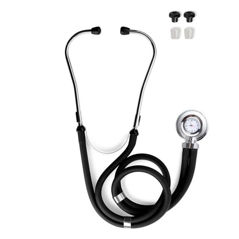 [Australia - AusPower] - Primacare DS-9298 Black Medical Clock Stethoscope with Analog Watch, 22" Tubing Convertible Regular Sprague Rappaport Stethoscopes, First Aid Emergency Essential Kits with Headset 