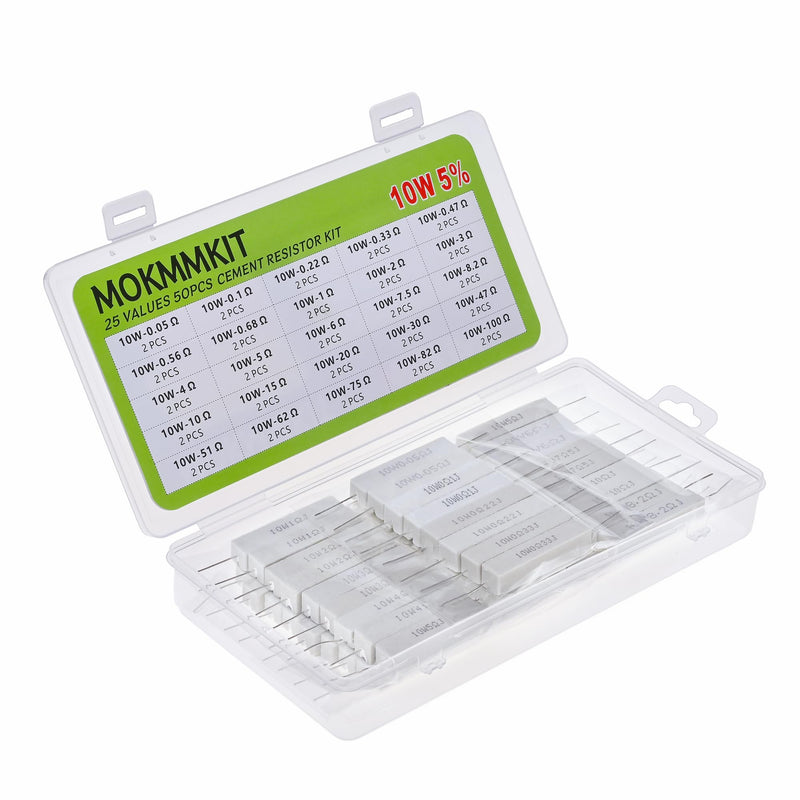 [Australia - AusPower] - 25 Values 50 Pieces Ceramic Cement Resistor KIT 10W Resistance 10 Watt ±5% Power Resistors (0.05 Ohm - 100 Ohm) 0.05Ω-100Ω 50PCS 