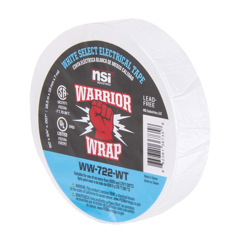 [Australia - AusPower] - NSI WW-722-GY WarriorWrap Select 7 mil Vinyl Electrical Tape, 3/4" Width, 60' Length, White 