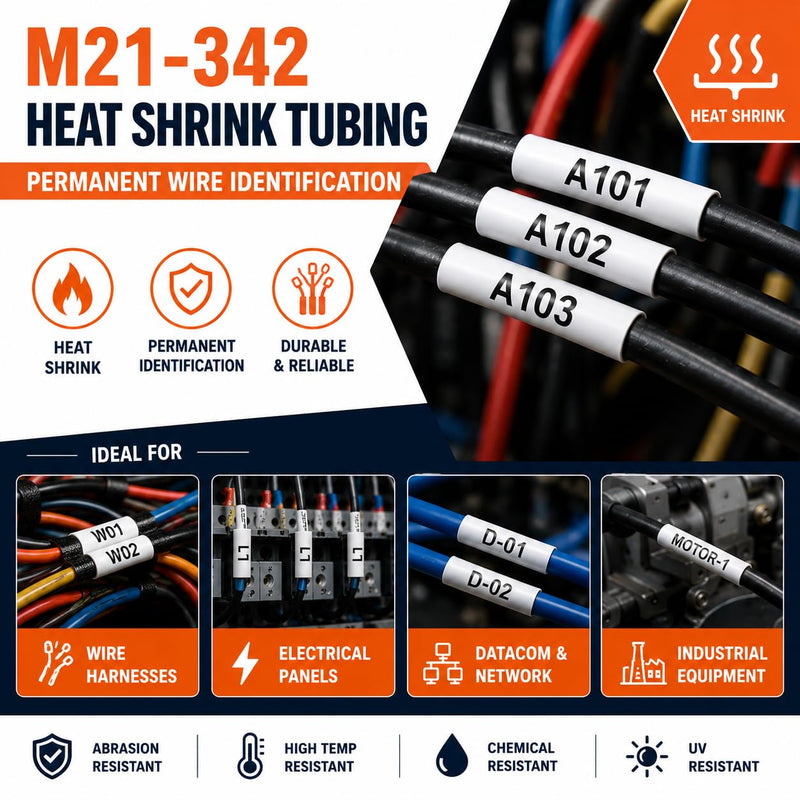 Heat Shrink Tubing Label Tape Compatible for M21-250-C-342 Work with M210, M210-LAB, M211, BMP21-LAB Printers Black on White 0.44" Width 6.8' Length 0.44" x 6.8' 342