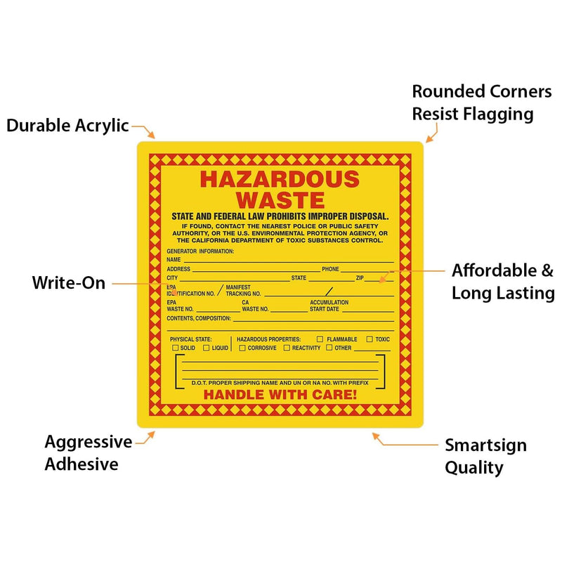 SmartSign (100-Pack) California Hazardous Waste Handle with Care Labels, 6" x 6", Write-On Plastic Labels, Drum Labels with Permanent Adhesive, Red/Black with Yellow Hazardous Waste - 4