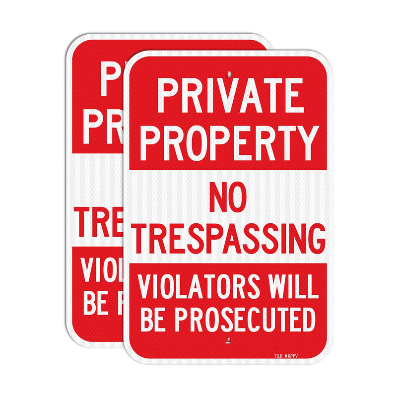 T&R (2 Pack) Large Private Property No Trespassing Sign, 18" x 12" Engineer Grade Reflective Sheeting, Rust Free Aluminum, Weather Resistant, Waterproof, Fade Resistant, 2 Pre-drilled Holes RED - 18" x 12" - 2 Pack