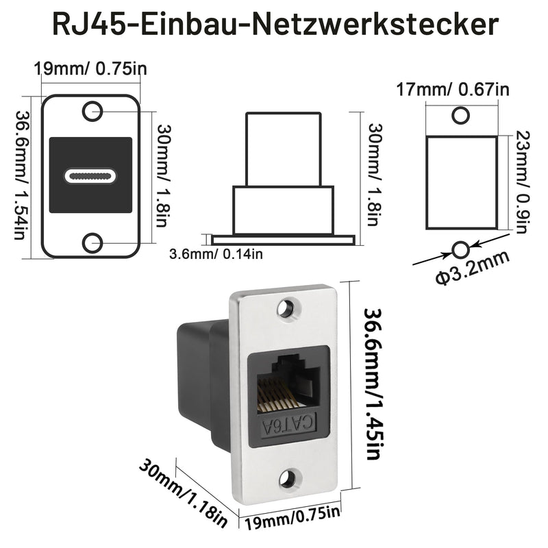 QIANRENON RJ45 Rectangular Network Panel Adapter Cat6A Female to Ethernet Female Mounting Shielded Socket for Desktop Devices Walls