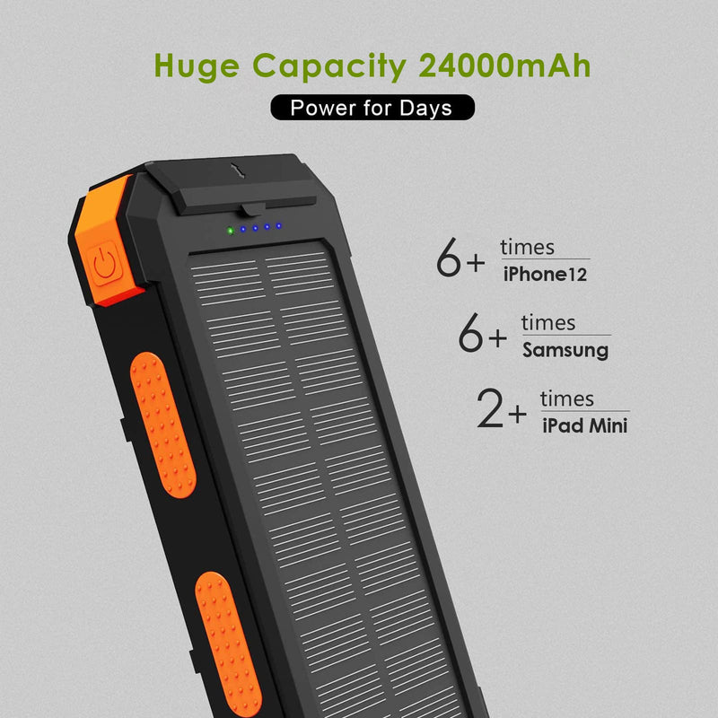 [Australia - AusPower] - X-DRAGON Solar Power Bank 24000mAh External Battery Pack Portable Charger,Dual 5V USB Ports Output，Built-in Dual Flashlights, Compass, Solar Panel Charging for Smartphone, iPhone, and Outdoor Camping Orange 