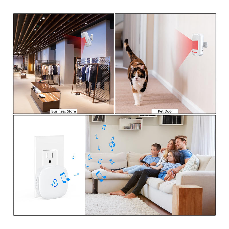 Bundle: Black + White Wireless Motion Sensor Alarm Indoor Movement Activated Doorbell Chime for Home Doorway/Business Entry/Garage Security/Store Entrance, Pet/Elderly/Dementia Monitor