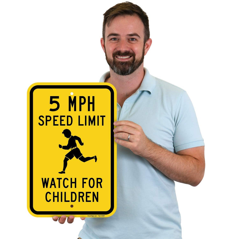 SmartSign 18 x 12 inch “5 MPH Speed Limit - Watch For Children” Metal Sign, 63 mil Laminated Rustproof Aluminum, Black and Yellow 12" x 18"