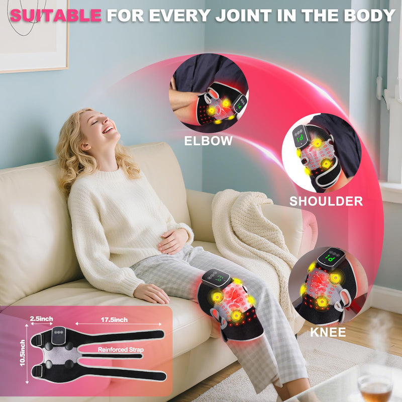 3-in-1 Red Light Therapy Knee Brace with 4 Vibration Massage Areas, 5000mAh Rechargeable Heated Knee Massager, 660nm&850nm Infrared Light Therapy Heated Device for Knee Elbow Shoulder Pain Relief Black