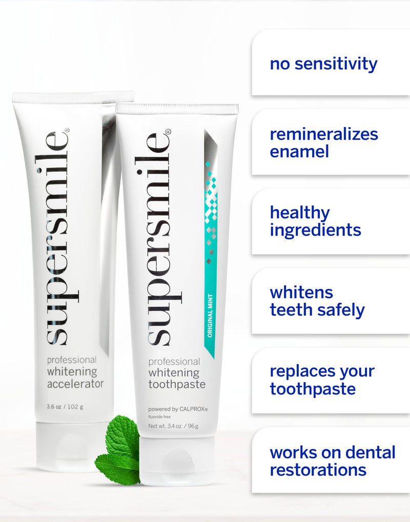 Supersmile Fluoride-Free Whitening System, Original Mint, Sensitivity-Free | 3.4 Oz Toothpaste + 3.6 Oz Accelerator, Whitens 6 Shades in 7 Days, RDA 65 Low Abrasion, Veneer Safe, Calprox® Powered