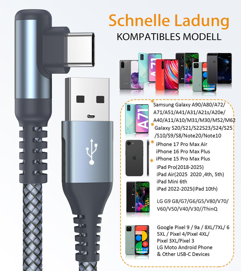 USB-C Cable 3.1 A Fast Charge (2 Pack, 2 m), Charging Cable, USB-C Angle Type-C Cable, Nylon Braided, for Samsung Galaxy S22, S21, S20, S10, S9, S8 Plus, Note 20, 10, 9, 8, A72, A71, A52, A51, A50, M31, M30s, M20, V30 2 m + 2 m gray