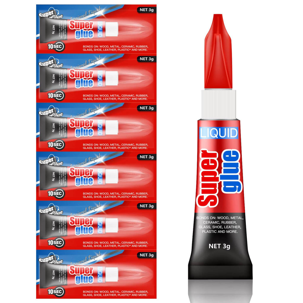 Super Glue, 6-Pack Single-Use Tubes 3 Gram Each, Super Fast, Liquid & Strong Adhesive Superglue, Glue for Hard Plastics, DIY Craft, Ceramics, Frame, Leather, Metal Etc 6 Pack