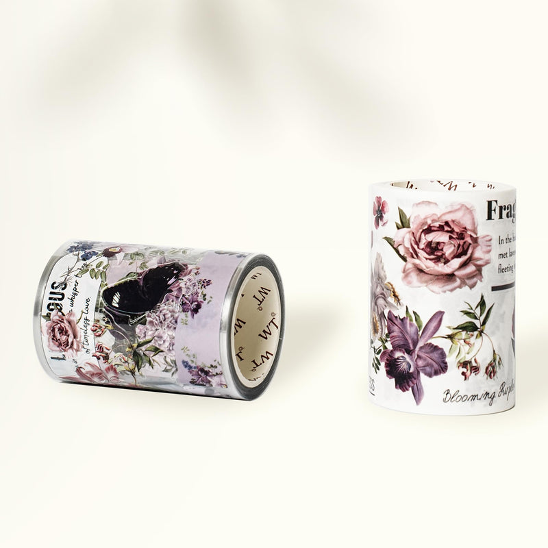 WT Pre-Cut Violet Veil Wide PET Tape, Single Roll, Soft Lilac Blossoms & Misty Backgrounds with Elegant Script, Transparent Decorative Tape for Journaling, Scrapbooking, Planner, DIY Crafts, 65mm x 5m WT Pre-Cut Violet Veil Wide PET Tape