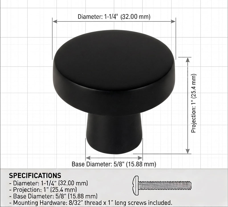 Cosmas 10 Pack 5234FB Flat Black Cabinet Knobs - Matte Black Round Cabinet Knob 1-1/4 Inch, Solid Zinc Metal, Kitchen Drawer Dresser Knob, Contemporary Hardware, Screws Included