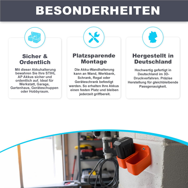 Battery Holder Suitable for STIHL AP Batteries AP 20, AP 30, AP 200 S, AP 300 S, AP 500 S, Sturdy Battery Holder for Workshop & Garage, Battery Storage Suitable for STIHL AP System Batteries - Pack of 2er Halterung