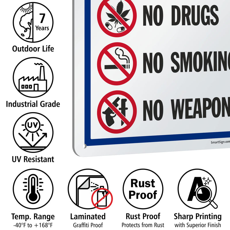 SmartSign 14 x 10 inch “Property Rules - No Alcohol, No Drugs, No Smoking, No Weapons” Metal Sign, 40 mil Laminated Rustproof Aluminum, Multicolor, Made in USA (Pack of 2) 14x10 inches (Pack of 2)