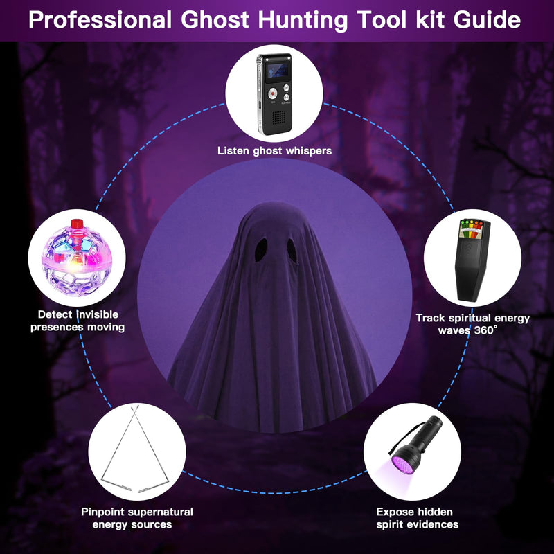 [Australia - AusPower] - 7-in-1 Ghost Hunting Equipment Kit for Paranormal Enthusiasts,Includes EMF Meter,EVP,Dowsing Rods,UV Light & Cat Balls-Novelty Set for Entertainment Use 