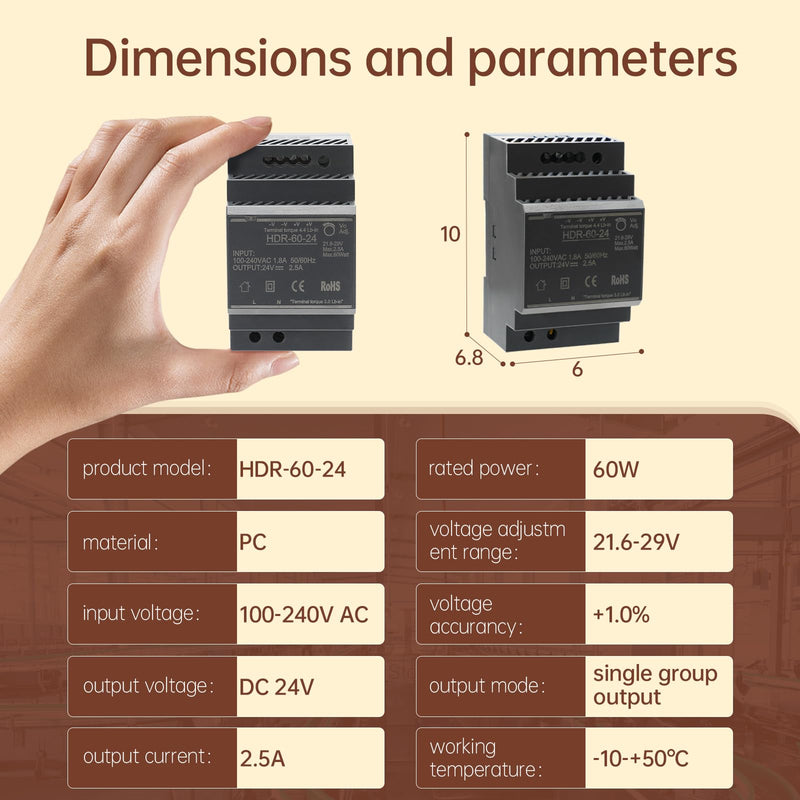 Power Supply for DIN Rail Mounting 24 V 2.5 A 60 W Switching Power Supply Transformer AC to DC for Industrial LED Lighting and Automation HDR-60-24 HDR-60-24 60W