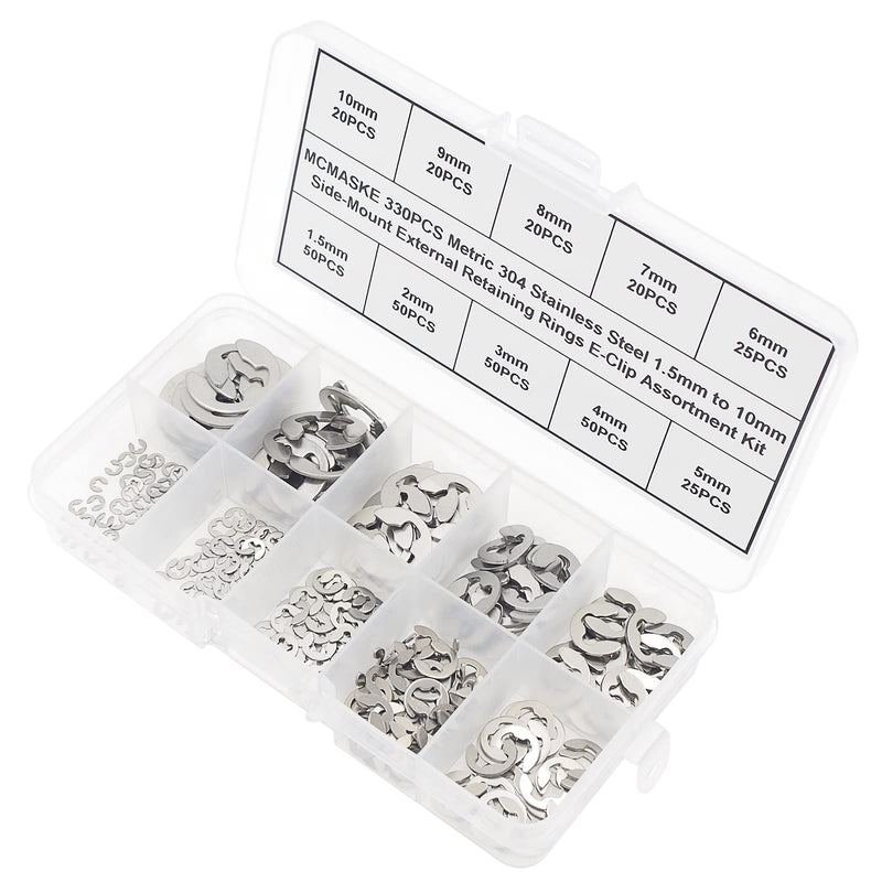 [Australia - AusPower] - 330PCS Metric 1.5mm-10mm 304 Stainless Steel E-Clips External Retaining Rings Assortment Kit;Side-Mount External Retaining Circlip Rings 
