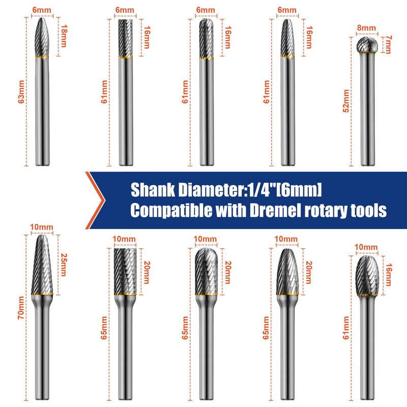 10pcs Die Grinder Bits w/ 1/4" Shank, Tungsten Carbide Burr Set for Metal Steel Stone Wood Working Grinding Carving Engraving Deburring Cutting Porting