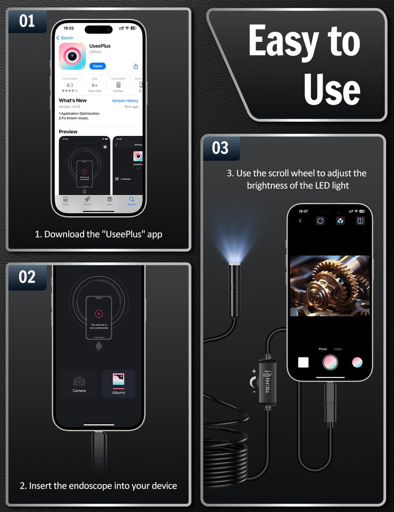 [Australia - AusPower] - Endoscope Camera with Light, 1920P HD Borescope with 8 Adjustable LED Lights, Borescope with 16.4ft Semi-Rigid Snake Camera with Light, 7.9mm IP67 Waterproof Inspection Endoscope for iOS and Android AN112-16.4ft 