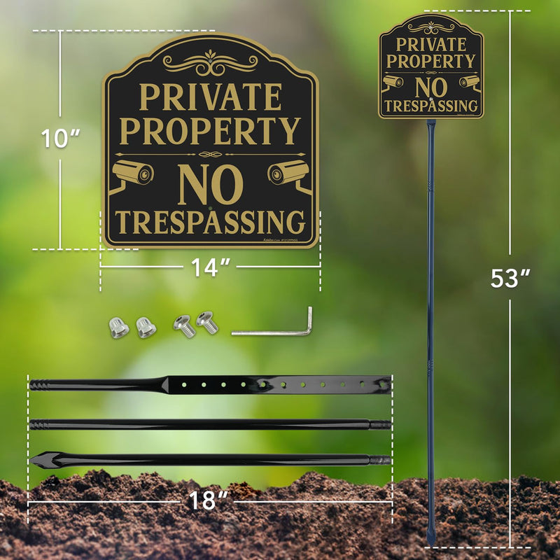 Faittoo Large No Trespassing Sign Private Property with 54" Metal Thick Stake, 12"x12" Rust Free Heavy Aluminum, Reflective, Fade Resistant, Easy to Mount, Outdoor Use Black Gold - 1 Pack