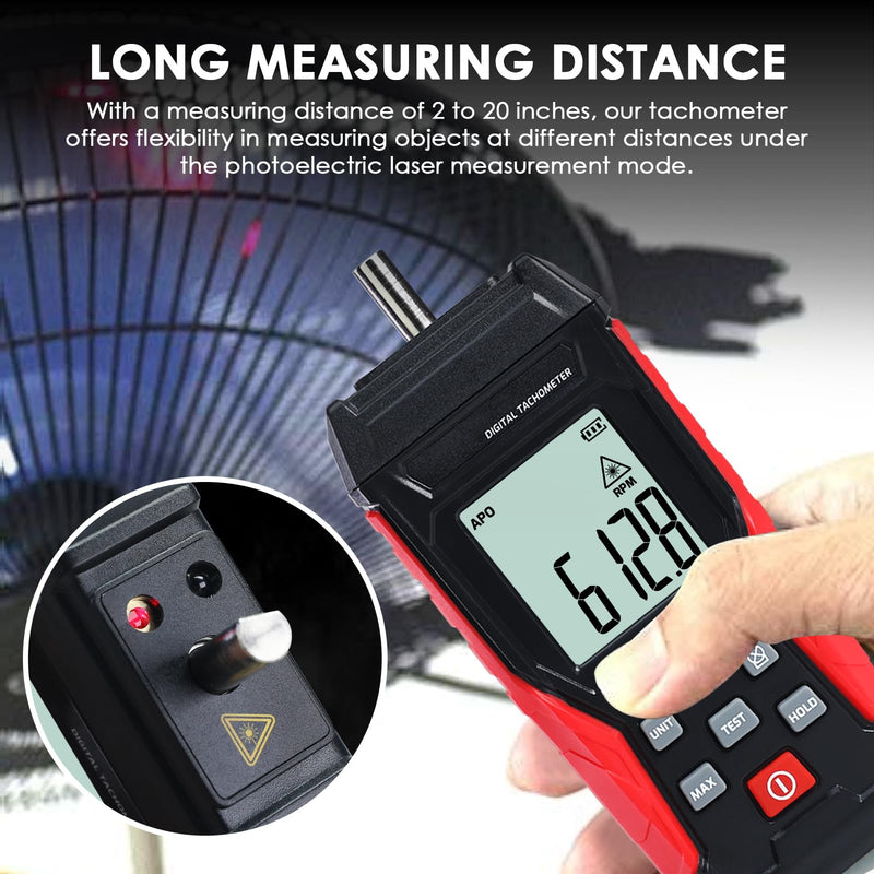 [Australia - AusPower] - TEKCOPLUS 2-in-1 Digital Tachometer & 20 Reflective Tapes | Laser/Contact RPM Meter (3-99,999 RPM) | Backlit Gauge for Motors, Cars, HVAC 