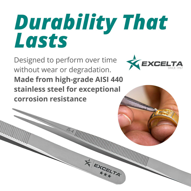 [Australia - AusPower] - Excelta JS-4 Gemologist Forceps, Straight Medium Tweezers, 0.035” Tip, Precision Gem Handling Tool, Stainless Steel AISI 440, Conductive Surface, Ideal for Jewelry & Gemstone Work, Made in Switzerland 6.38" Tweezer, Jeweler's, Standard 