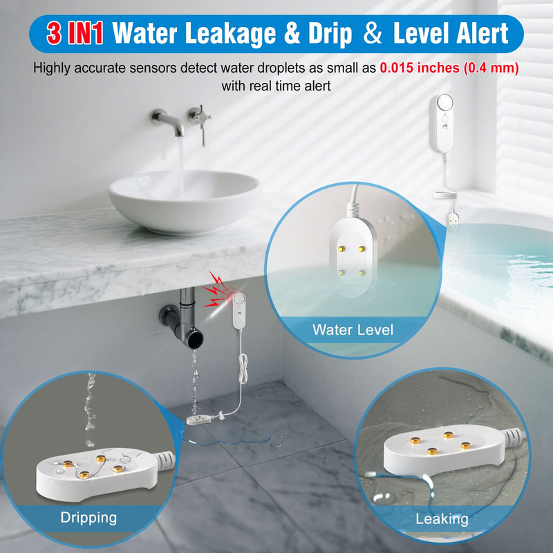 [Australia - AusPower] - Daytech 3in1 Water Alarm for Basements with 6.5ft Detection Cable, Water Sensor for Bathroom, Water Leak Detectors for Home/RV/Kitchen,Sump Pump Alarm for Water Heater/Washing Machine/Sink (2 Pack) White A 2 Pack 