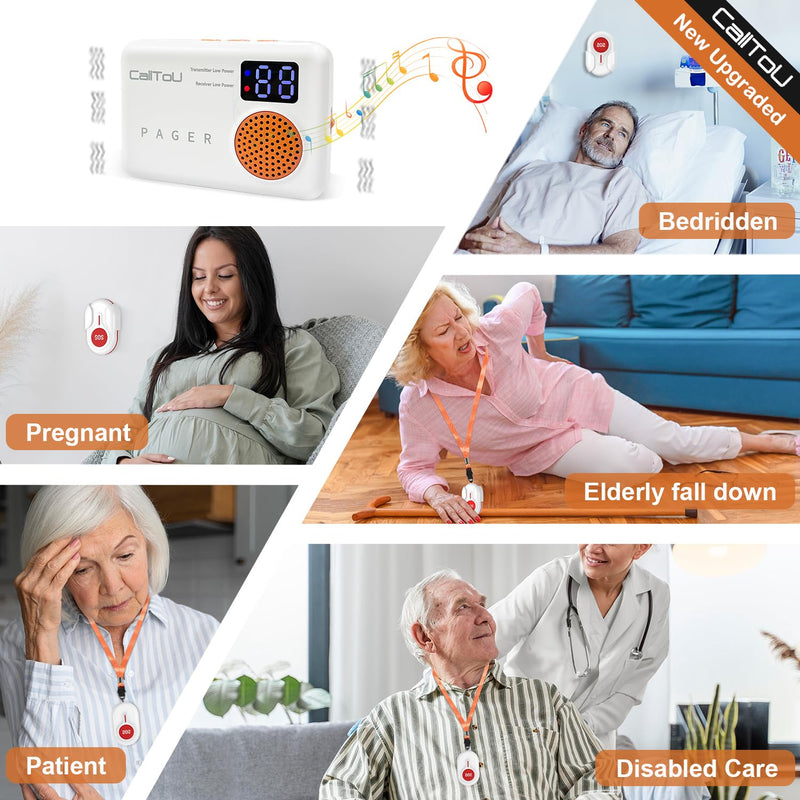 [Australia - AusPower] - CallToU Caregiver Pager Wireless Call Button 1000FT for Elderly Monitoring Vibration Call Bell Medical Alert System with Digital Display Low Power Reminder 2 Portable Receiver 2 SOS Call Button 2 Call Button + 2 Receiver 