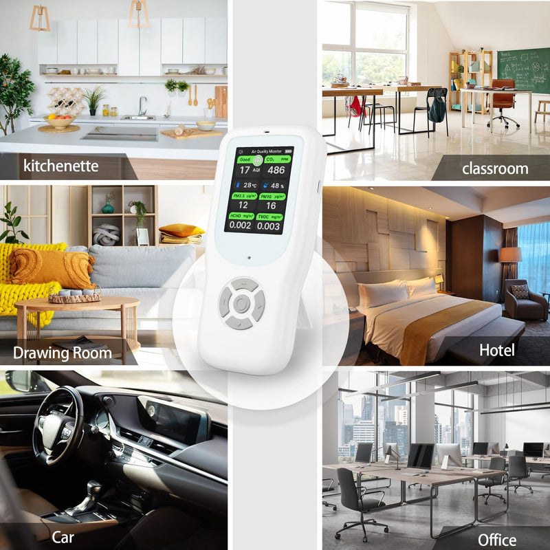 [Australia - AusPower] - 11-in-1 Air Quality Monitor - Portable Indoor Air Quality Detector with Stand, Real-Time Test for AQI, CO2, PM2.5, PM1.0, PM10, TVOC, HCHO, Particles, Temperature & Humidity with Aler (White-Black) White-Black 