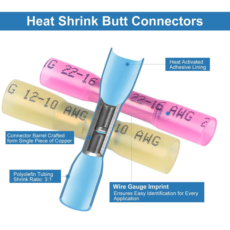 QX&XD 540PCS Heat Shrink Wire Connectors Kit, Waterproof Marine Grade Crimp Connectors, Tinned Copper Electrical Terminals, Butt Ring Fork Spade Hook, 22-10 AWG, 3 Colors