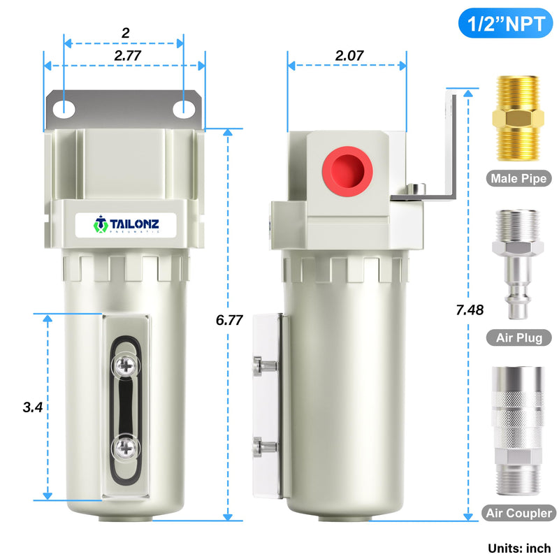 [Australia - AusPower] - TAILONZ PNEUMATIC 1/2" NPT Industrial Compressed Air Desiccant Dryer, Used for Dry Air, Compressed Air, Water Separator, Plasma Cutting Machine and Other Metal Bowl with Desiccant Beads Bag 