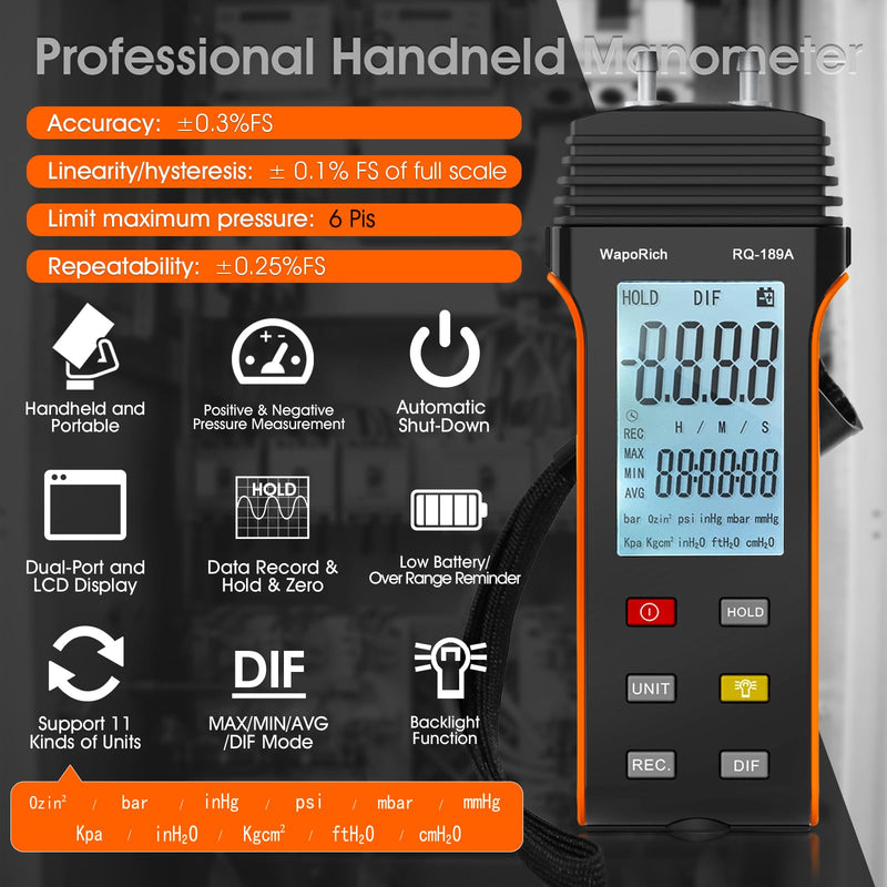 [Australia - AusPower] - Upgraded Manometer ±13.79Kpa/6Psi ±0.3% FS Accuracy HVAC Gas Pressure Tester Dual-Port Digital Manometer 11 Units Manometer Gas Pressure Tester with Backlight Data Record RQ-189A RQ-189A(Limit maximum pressure:6Psi) 